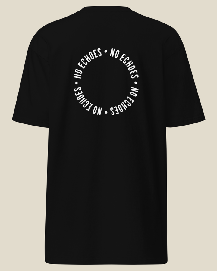 The same shirt from the back, with the circular No Echoes mark between the shoulders.