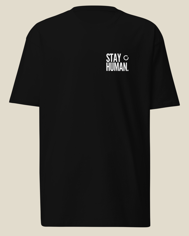 A black No Echoes shirt, front, with the STAY HUMAN statement printed on the left chest.